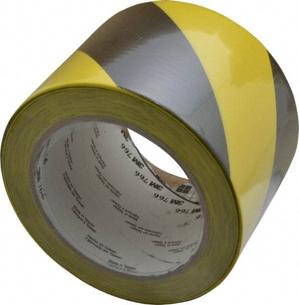 3M - Black & Yellow Striped Vinyl Tape - 3" Wide x 108' Long x 0.005" Thick, General Traffic - Industrial Tool & Supply