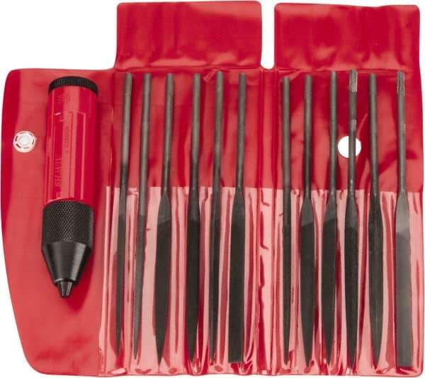 Value Collection - 13 Piece Swiss Pattern File Set - Medium Coarseness, Set Includes Crochet, Flat, Pippin, Round, Slitting, Square, Three Square - Industrial Tool & Supply
