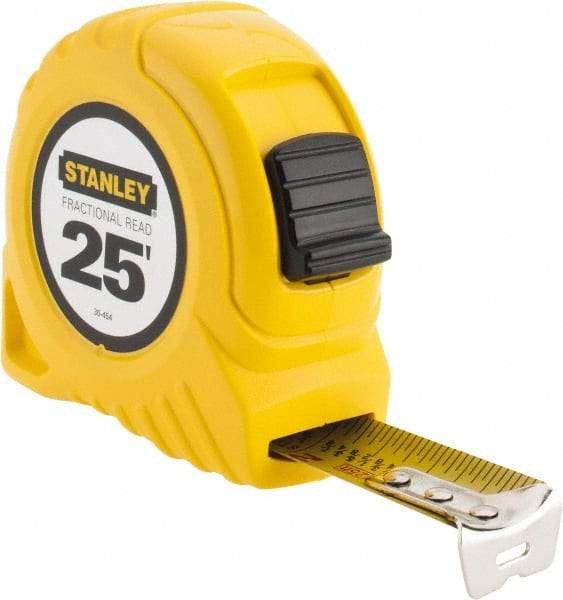 Stanley - 25' x 1" Yellow Blade Tape Measure - 1/16 & 1/8" Graduation, Inch Graduation Style, Yellow Case - Industrial Tool & Supply