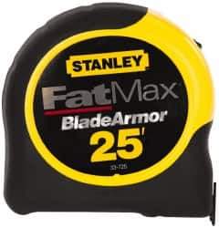 Stanley - 25' x 1-1/4" Yellow Blade Tape Measure - 1/16" Graduation, Inch Graduation Style, Yellow/Black Case - Industrial Tool & Supply