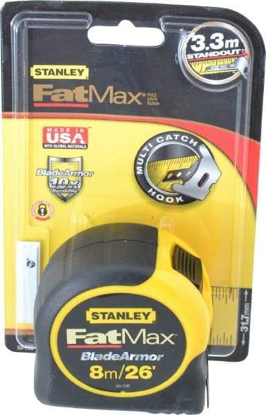 Stanley - 26' x 1-1/4" Yellow Blade Tape Measure - 1/32 & 1/16" & 1mm Graduation, Inch/Metric Graduation Style, Yellow/Black Case - Industrial Tool & Supply