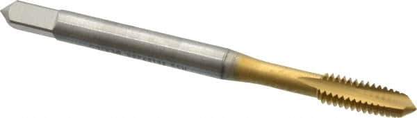 OSG - #8-32 UNC, 2 Flute, TiN Finish, High Speed Steel Spiral Point Tap - Plug Chamfer, Right Hand Thread, 2-1/8" OAL, 3/4" Thread Length, 0.168" Shank Diam, 2B Class of Fit, Series 288 - Exact Industrial Supply