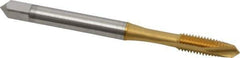 OSG - #10-32 UNF, 2 Flute, TiN Finish, High Speed Steel Spiral Point Tap - Plug Chamfer, Right Hand Thread, 2-3/8" OAL, 7/8" Thread Length, 0.194" Shank Diam, 2B Class of Fit, Series 288 - Exact Industrial Supply