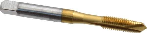 OSG - 1/4-28 UNF, 3 Flute, TiN Finish, High Speed Steel Spiral Point Tap - Plug Chamfer, Right Hand Thread, 2-1/2" OAL, 1" Thread Length, 0.255" Shank Diam, 2B Class of Fit, Series 288 - Exact Industrial Supply