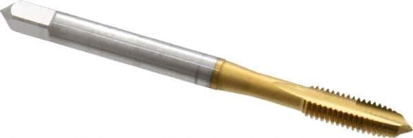 OSG - M5x0.80 Metric Coarse, 2 Flute, TiN Finish, High Speed Steel Spiral Point Tap - Plug Chamfer, Right Hand Thread, 2-3/8" OAL, 7/8" Thread Length, 0.194" Shank Diam, 6H Class of Fit, Series 288 - Exact Industrial Supply