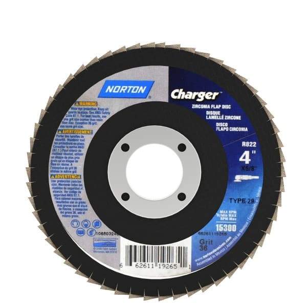 Norton - 36 Grit, 4" Disc Diam, 5/8" Center Hole, Type 29 Zirconia Alumina Flap Disc - 15,000 Max RPM, Fiberglass Backing, Arbor Attaching System, Coated - Industrial Tool & Supply