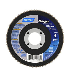 Norton - 36 Grit, 4" Disc Diam, 5/8" Center Hole, Type 29 Zirconia Alumina Flap Disc - 15,000 Max RPM, Fiberglass Backing, Arbor Attaching System, Coated - Industrial Tool & Supply