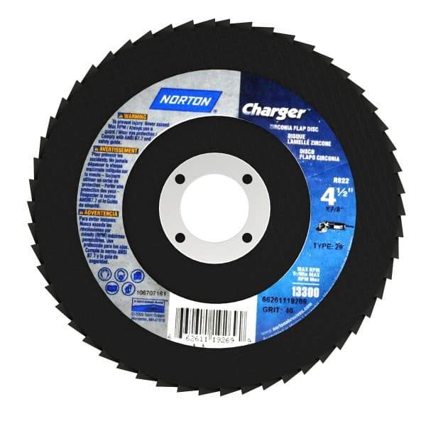 Norton - 40 Grit, 4-1/2" Disc Diam, 7/8" Center Hole, Type 29 Zirconia Alumina Flap Disc - 13,000 Max RPM, Fiberglass Backing, Arbor Attaching System, Coated - Industrial Tool & Supply