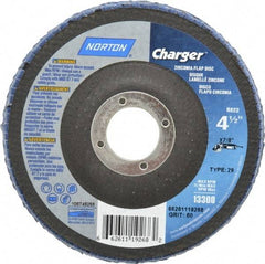 Norton - 60 Grit, 4-1/2" Disc Diam, 7/8" Center Hole, Type 29 Zirconia Alumina Flap Disc - 13,000 Max RPM, Fiberglass Backing, Arbor Attaching System, Coated - Industrial Tool & Supply