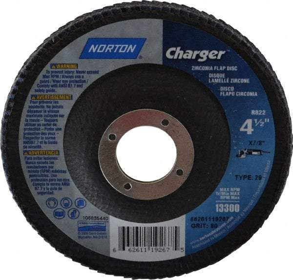 Norton - 80 Grit, 4-1/2" Disc Diam, 7/8" Center Hole, Type 29 Zirconia Alumina Flap Disc - 13,000 Max RPM, Fiberglass Backing, Arbor Attaching System, Coated - Industrial Tool & Supply