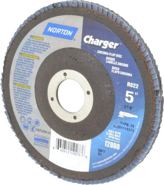 Norton - 80 Grit, 5" Disc Diam, 7/8" Center Hole, Type 29 Zirconia Alumina Flap Disc - 13,000 Max RPM, Fiberglass Backing, Coated - Industrial Tool & Supply