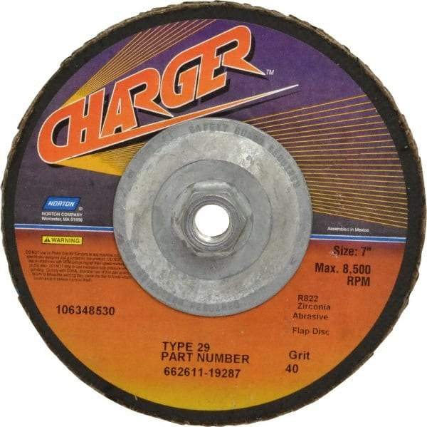 Norton - 40 Grit, 7" Disc Diam, 5/8-11 Center Hole, Type 29 Zirconia Alumina Flap Disc - 8,600 Max RPM, Fiberglass Backing, Coated - Industrial Tool & Supply