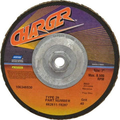 Norton - 40 Grit, 7" Disc Diam, 5/8-11 Center Hole, Type 29 Zirconia Alumina Flap Disc - 8,600 Max RPM, Fiberglass Backing, Coated - Industrial Tool & Supply