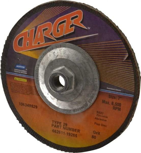 Norton - 80 Grit, 7" Disc Diam, 5/8-11 Center Hole, Type 29 Zirconia Alumina Flap Disc - 8,600 Max RPM, Fiberglass Backing, Coated - Industrial Tool & Supply