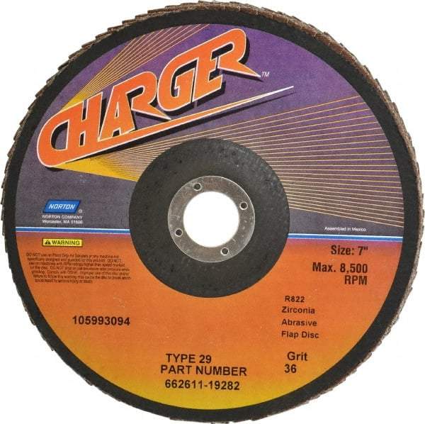 Norton - 36 Grit, 7" Disc Diam, 7/8" Center Hole, Type 29 Zirconia Alumina Flap Disc - 8,600 Max RPM, Fiberglass Backing, Coated - Industrial Tool & Supply