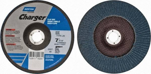 Norton - 40 Grit, 7" Disc Diam, 7/8" Center Hole, Type 29 Zirconia Alumina Flap Disc - 8,600 Max RPM, Fiberglass Backing, Arbor Attaching System, Coated - Industrial Tool & Supply