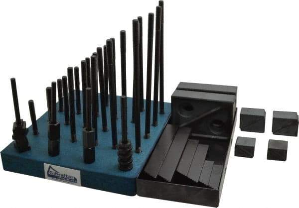 Gibraltar - 50 Piece Fixturing Step Block & Clamp Set with 1" Step Block, 3/8" T-Slot, 5/16-18 Stud Thread - 5/8" Nut Width, 3, 4, 5, 6, 7 & 8" Stud Lengths - Industrial Tool & Supply