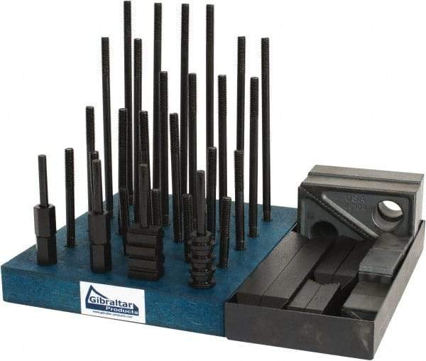 Gibraltar - 50 Piece Fixturing Step Block & Clamp Set with 1" Step Block, 7/16" T-Slot, 3/8-16 Stud Thread - 11/16" Nut Width, 3, 4, 5, 6, 7 & 8" Stud Lengths - Industrial Tool & Supply