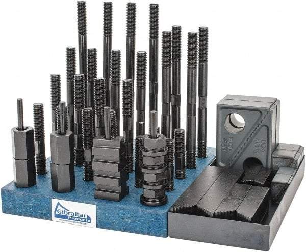 Gibraltar - 50 Piece Fixturing Step Block & Clamp Set with 1" Step Block, 5/8" T-Slot, 1/2-13 Stud Thread - 1" Nut Width, 3, 4, 5, 6, 7 & 8" Stud Lengths - Industrial Tool & Supply