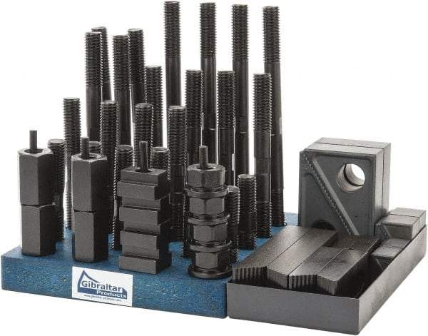 Gibraltar - 50 Piece Fixturing Step Block & Clamp Set with 1" Step Block, 11/16" T-Slot, 5/8-11 Stud Thread - 1-1/8" Nut Width, 3, 4, 5, 6, 7 & 8" Stud Lengths - Industrial Tool & Supply