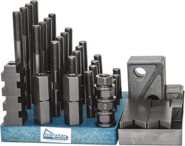 Gibraltar - 50 Piece Fixturing Step Block & Clamp Set with 1" Step Block, 13/16" T-Slot, 5/8-11 Stud Thread - 1-1/4" Nut Width, 3, 4, 5, 6, 7 & 8" Stud Lengths - Industrial Tool & Supply