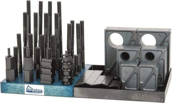 Gibraltar - 50 Piece Fixturing Step Block & Clamp Set with 1-1/2" Step Block, 9/16" T-Slot, 1/2-13 Stud Thread - 7/8" Nut Width, 3, 4, 5, 6, 7 & 8" Stud Lengths - Industrial Tool & Supply
