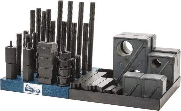 Gibraltar - 50 Piece Fixturing Step Block & Clamp Set with 1-1/2" Step Block, 13/16" T-Slot, 5/8-11 Stud Thread - 1-1/4" Nut Width, 3, 4, 5, 6, 7 & 8" Stud Lengths - Industrial Tool & Supply