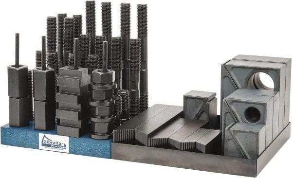 Gibraltar - 50 Piece Fixturing Step Block & Clamp Set with 1-1/2" Step Block, 7/8" T-Slot, 3/4-10 Stud Thread - 1-1/2" Nut Width, 3, 4, 5, 6, 7 & 8" Stud Lengths - Industrial Tool & Supply