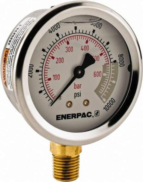 Enerpac - 0 to 10,000 psi Pressure Rating, 1/4 NPTF Gauge Connection, Hydraulic Pressure Liquid Filled Gage - 2-1/2" Face Diam - Industrial Tool & Supply