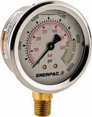 Enerpac - 0 to 10,000 psi Pressure Rating, 1/4 NPTF Gauge Connection, Hydraulic Pressure Liquid Filled Gage - 2-1/2" Face Diam - Industrial Tool & Supply