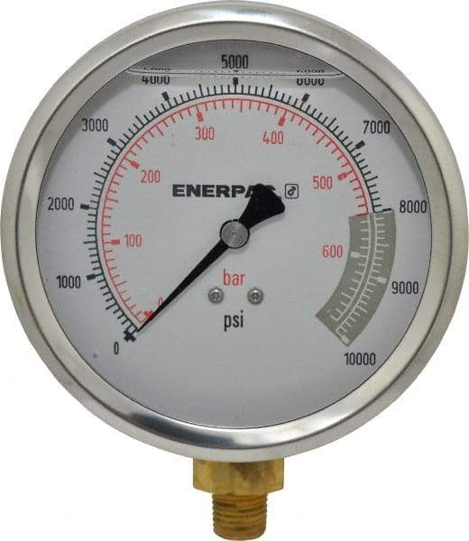 Enerpac - 0 to 10,000 psi Pressure Rating, 1/4 NPTF Gauge Connection, Hydraulic Pressure Liquid Filled Gage - 4" Face Diam - Industrial Tool & Supply