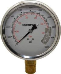 Enerpac - 0 to 10,000 psi Pressure Rating, 1/2 NPTF Gauge Connection, Hydraulic Pressure Liquid Filled Gage - 4" Face Diam - Industrial Tool & Supply