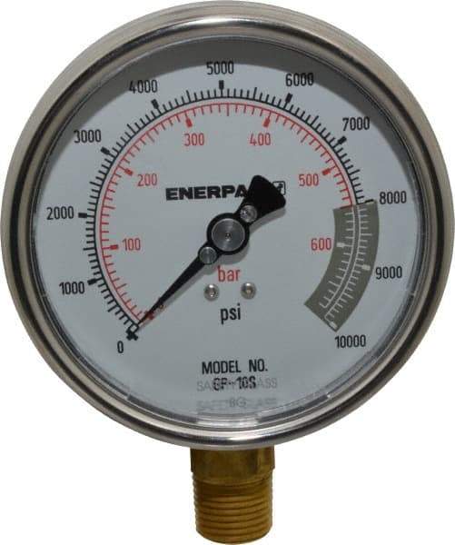Enerpac - 0 to 10,000 psi Pressure Rating, 1/2 NPTF Gauge Connection, Hydraulic Pressure Dry Gage - 4" Face Diam - Industrial Tool & Supply