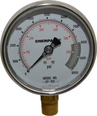 Enerpac - 0 to 10,000 psi Pressure Rating, 1/2 NPTF Gauge Connection, Hydraulic Pressure Dry Gage - 4" Face Diam - Industrial Tool & Supply