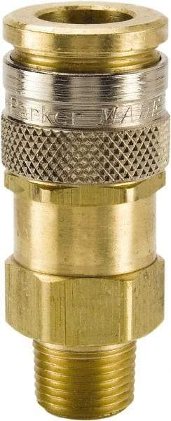 Parker - 1/2-14 Male NPTF European High Flow Pneumatic Hose Coupler - Brass, 3/8" Body Diam - Industrial Tool & Supply