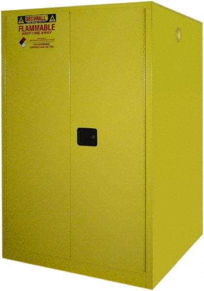 Securall Cabinets - 43" Wide x 31" Deep x 65" High, 18 Gauge Steel Vertical Drum Cabinet with 3 Point Key Lock - Yellow, Manual Closing Door, 1 Shelf, 2 Drums, Drum Rollers Included - Industrial Tool & Supply