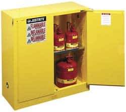 Justrite - 2 Door, 1 Shelf, Yellow Steel Standard Safety Cabinet for Flammable and Combustible Liquids - 44" High x 43" Wide x 18" Deep, Self Closing Door, 3 Point Key Lock, 30 Gal Capacity - Industrial Tool & Supply