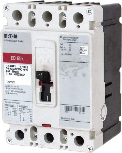 Eaton Cutler-Hammer - 175 Amp, 125 VDC, 240 VAC, 3 Pole, Molded Case Circuit Breaker - Thermal Magnetic Trip, 65 kA at 240 VAC Breaking Capacity, 4-4/0 AWG, 3-3/8 Inch Deep x 6 Inch High x 4-1/8 Inch Wide - Industrial Tool & Supply