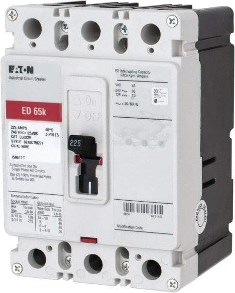 Eaton Cutler-Hammer - 225 Amp, 125 VDC, 240 VAC, 3 Pole, Molded Case Circuit Breaker - Thermal Magnetic Trip, 65 kA at 240 VAC Breaking Capacity, 4-4/0 AWG, 3-3/8 Inch Deep x 6 Inch High x 4-1/8 Inch Wide - Industrial Tool & Supply