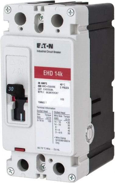 Eaton Cutler-Hammer - 30 Amp, 250 VDC, 480 VAC, 2 Pole, Molded Case Circuit Breaker - Thermal Magnetic Trip, 18 kA at 240 VAC Breaking Capacity, 14-1/0 AWG, 3-3/8 Inch Deep x 6 Inch High x 2-3/4 Inch Wide - Industrial Tool & Supply