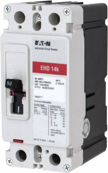 Eaton Cutler-Hammer - 50 Amp, 250 VDC, 480 VAC, 2 Pole, Molded Case Circuit Breaker - Thermal Magnetic Trip, Multiple Breaking Capacity Ratings, 14-1/0 AWG, 3-3/8 Inch Deep x 6 Inch High x 2-3/4 Inch Wide - Industrial Tool & Supply