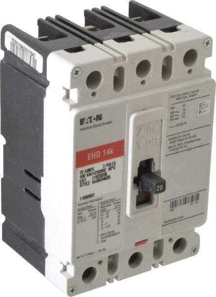 Eaton Cutler-Hammer - 20 Amp, 250 VDC, 480 VAC, 3 Pole, Molded Case Circuit Breaker - Thermal Magnetic Trip, 18 kA at 240 VAC Breaking Capacity, 14-1/0 AWG, 3-3/8 Inch Deep x 6 Inch High x 4-1/8 Inch Wide - Industrial Tool & Supply