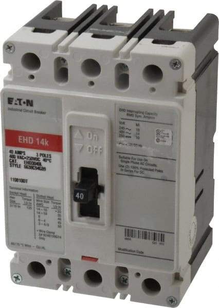 Eaton Cutler-Hammer - 40 Amp, 250 VDC, 480 VAC, 3 Pole, Molded Case Circuit Breaker - Thermal Magnetic Trip, 18 kA at 240 VAC Breaking Capacity, 14-1/0 AWG, 3-3/8 Inch Deep x 6 Inch High x 4-1/8 Inch Wide - Industrial Tool & Supply