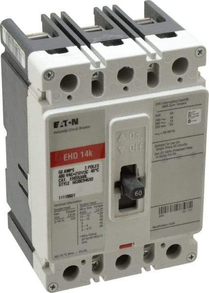 Eaton Cutler-Hammer - 60 Amp, 250 VDC, 480 VAC, 3 Pole, Molded Case Circuit Breaker - Thermal Magnetic Trip, 18 kA at 240 VAC Breaking Capacity, 14-1/0 AWG, 3-3/8 Inch Deep x 6 Inch High x 4-1/8 Inch Wide - Industrial Tool & Supply