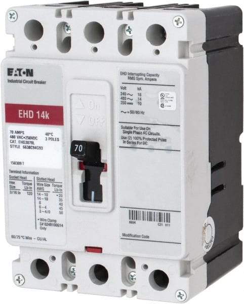 Eaton Cutler-Hammer - 70 Amp, 250 VDC, 480 VAC, 3 Pole, Molded Case Circuit Breaker - Thermal Magnetic Trip, 18 kA at 240 VAC Breaking Capacity, 14-1/0 AWG, 3-3/8 Inch Deep x 6 Inch High x 4-1/8 Inch Wide - Industrial Tool & Supply