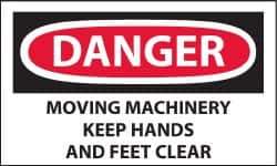 NMC - Accident Prevention Label, Header: DANGER - Legend: Danger - Moving Machinery - Keep Hands and Feet Clear, English, Red, Black & White, 5" Long x 3" High, Sign Muscle Finish - Industrial Tool & Supply