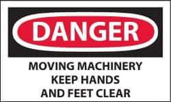 NMC - Accident Prevention Label, Header: DANGER - Legend: Danger - Moving Machinery - Keep Hands and Feet Clear, English, Red, Black & White, 5" Long x 3" High, Sign Muscle Finish - Industrial Tool & Supply