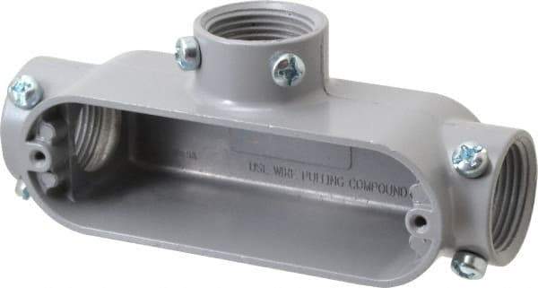 Cooper Crouse-Hinds - Form 5, T Body, 1" Trade, EMT, IMC, Rigid Aluminum Conduit Body - Rectangle, 6.33" OAL, 12.2 cc Capacity, Gray - Industrial Tool & Supply