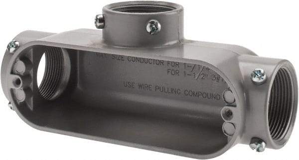 Cooper Crouse-Hinds - Form 5, T Body, 1-1/2" Trade, EMT, IMC, Rigid Aluminum Conduit Body - Rectangle, 8.45" OAL, 33.1 cc Capacity, Gray - Industrial Tool & Supply