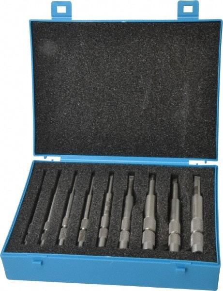 Made in USA - #0 to 1/2" Tap Extension Set - Tool Steel, 5" Overall Length, 9/16" Max Outside Diam, 0.255, 0.318, 0.323, 0.367, 0.381, (4) 0.194" Extension Shank Diam, 9 Piece Set - Exact Industrial Supply